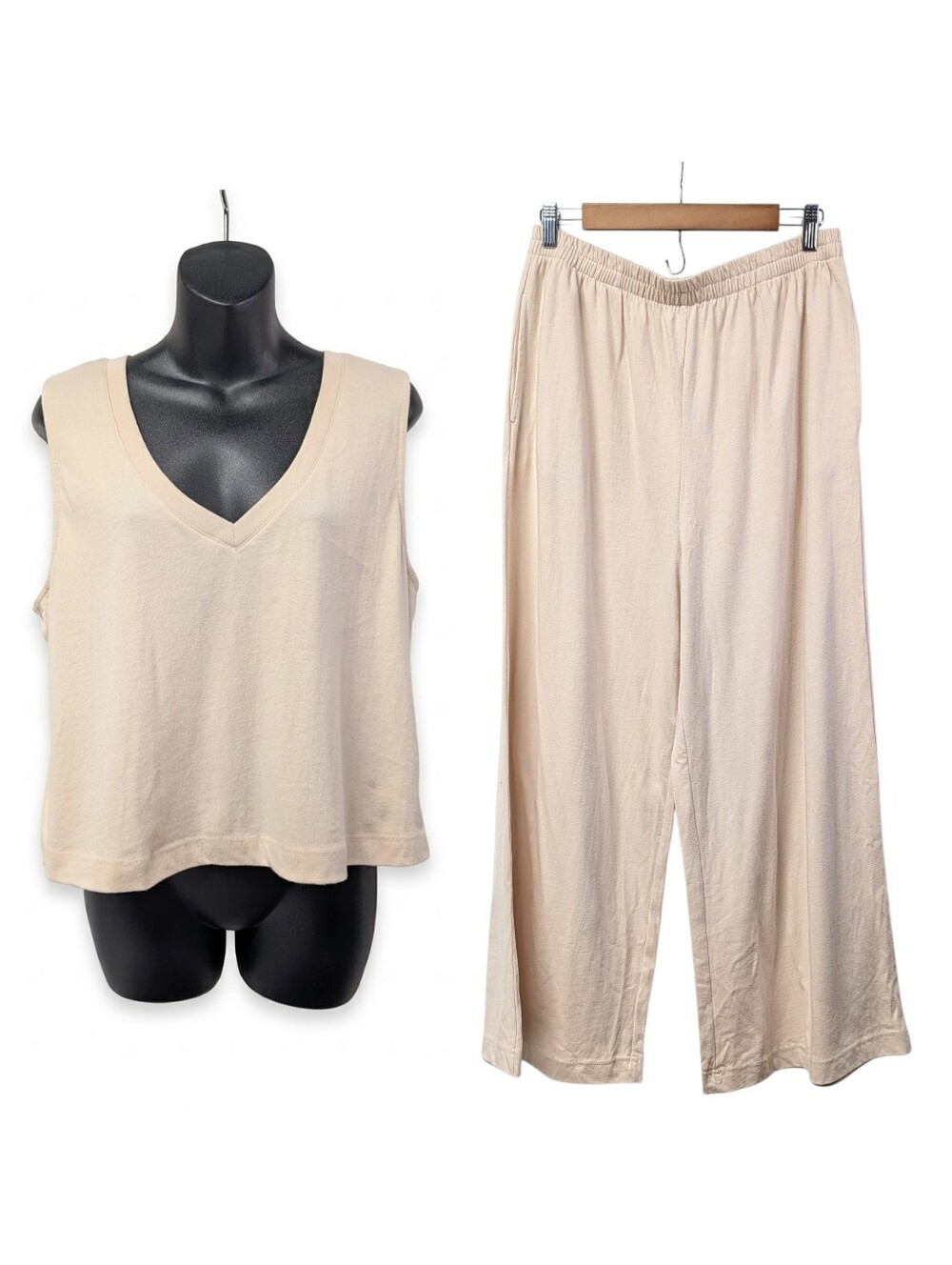 Z Supply Beige Knit Cotton 2 Piece Set V-Neck Tank + Wide Leg Pants Sz L NWT